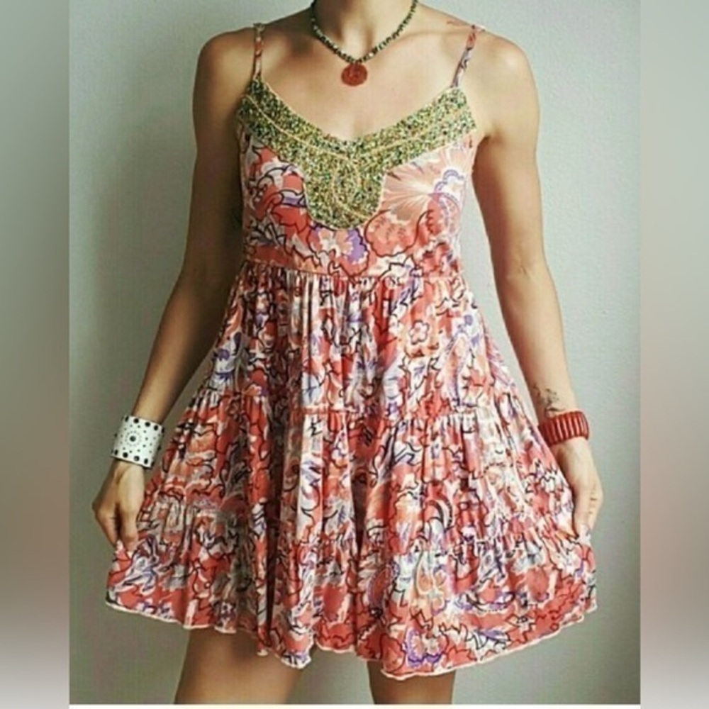 Free People pink beaded babydoll mini sundress Size XS